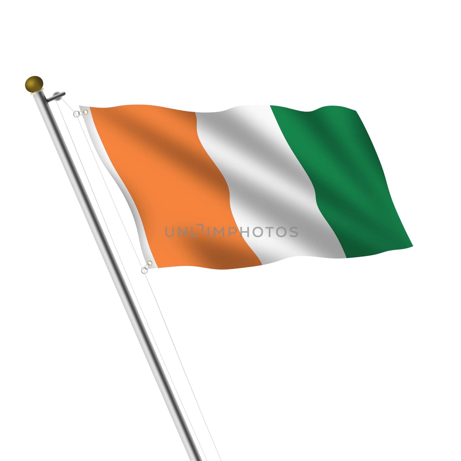 An Ivory Coast Cote Divoire Flagpole 3d illustration on white with clipping path
