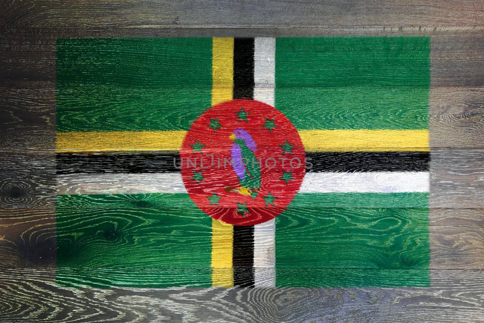 A Dominica flag on rustic old wood surface background green yellow black red sisserou parrot