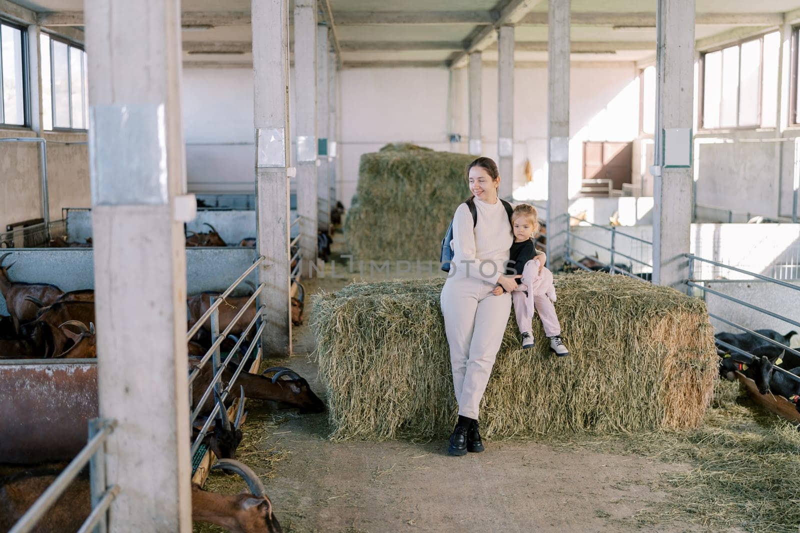 Mom and little girl sit on a haystack on a ranch and look at the goats in the pens. High quality photo