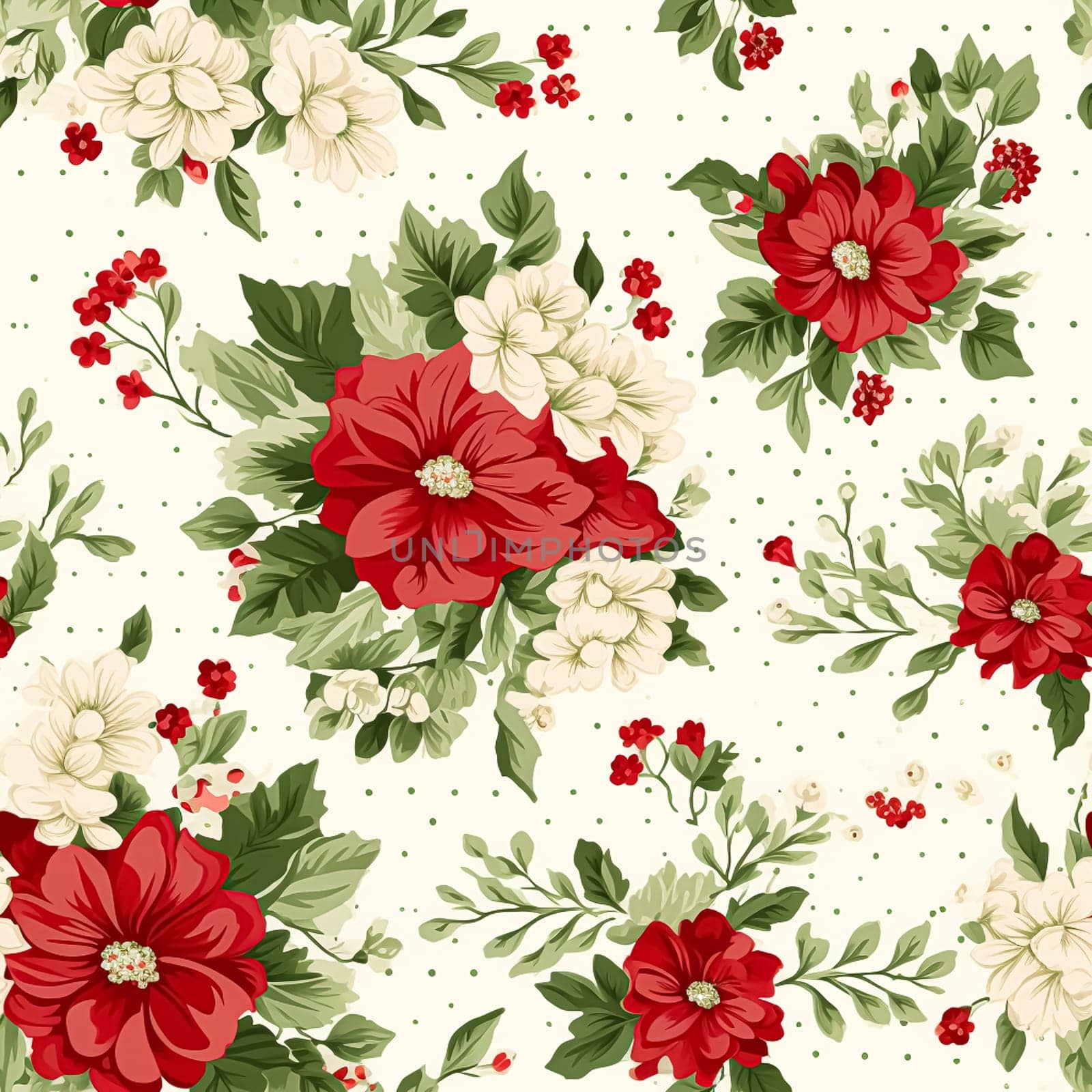 Seamless pattern, tileable Christmas holiday floral country dots print, English countryside flowers for wallpaper, wrapping paper, scrapbook, fabric and product design motif