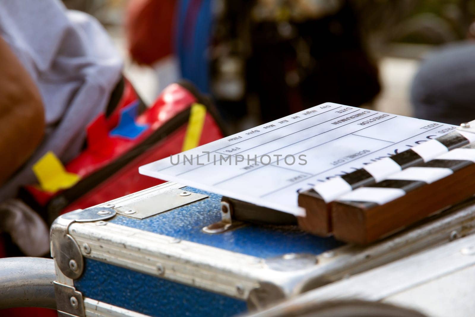 Film production crew, close up of movie Clapper board