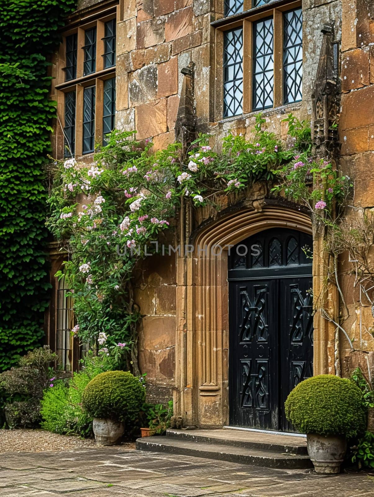 Entrance to a historic manor, framed by antique architectural elements and flanked by potted topiaries, features an aged door, the surrounding ivy and stonework add to the timeless elegance of the property