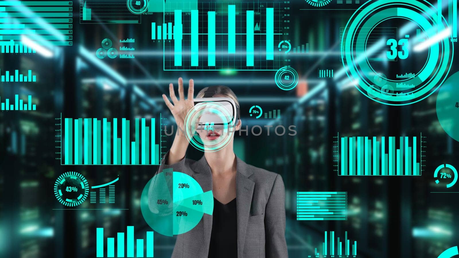 Businesswoman data searching dynamic market data scatter graph analysis monitor by VR future global innovation interface digital infographic network technology visual hologram animation. Contraption.