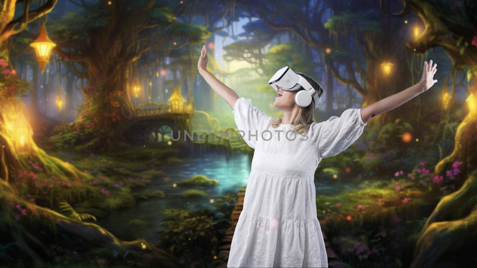 Excited woman turning around looking VR in wonderland metavers in fairytale forest meta magical world with bokeh neon light falling with water stream across bridge in mysterious jungle. Contraption.