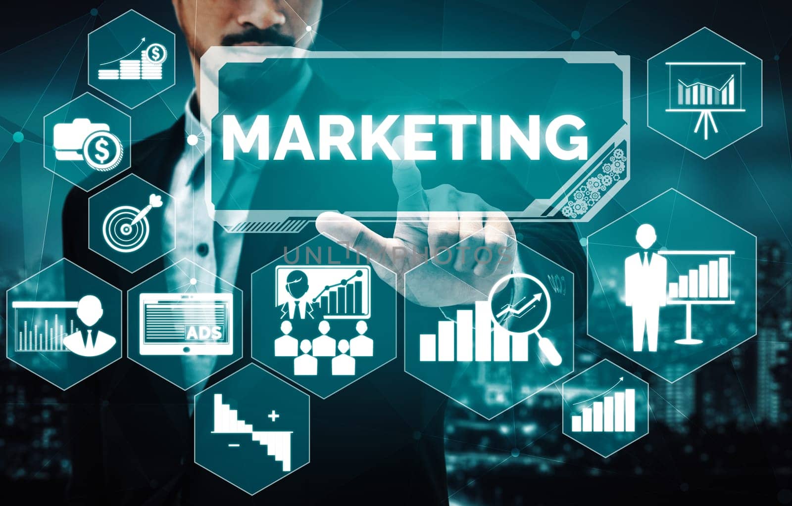 Digital Marketing Technology Solution for Online Business Concept - Graphic interface showing analytic diagram of online market promotion strategy on digital advertising platform via social media. uds