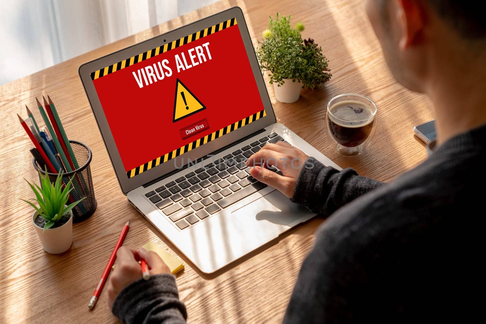 Virus warning alert on computer screen detected modish cyber threat , hacker, computer virus and malware