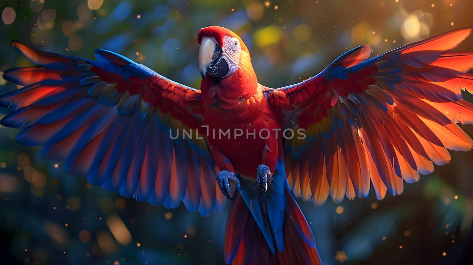 A vibrant red and blue macaw parrot, a type of parrot vertebrate organism, is gracefully flying in the air with its colorful feathers spread, showcasing its beak and keen eye