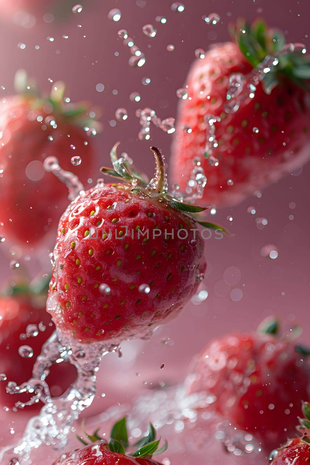 Juicy strawberries are splashing in liquid on a pink background. These seedless fruits are a natural food ingredient packed with flavor and nutrients