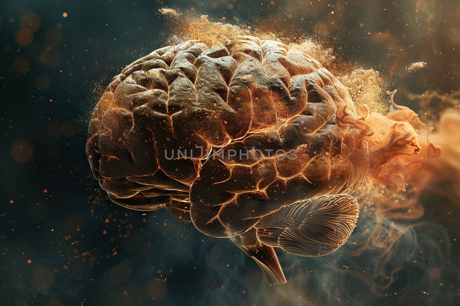 Image of a human brain with ink cloud and golden bokeh background.