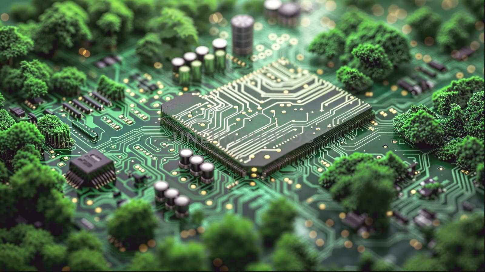 Circuit board with trees symbolizes connection between technology and nature