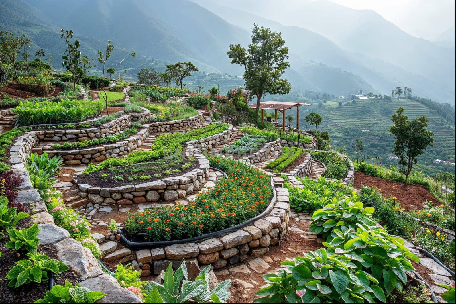 Hillside terraced gardens illustrating soil erosion prevention and sustainable land use.