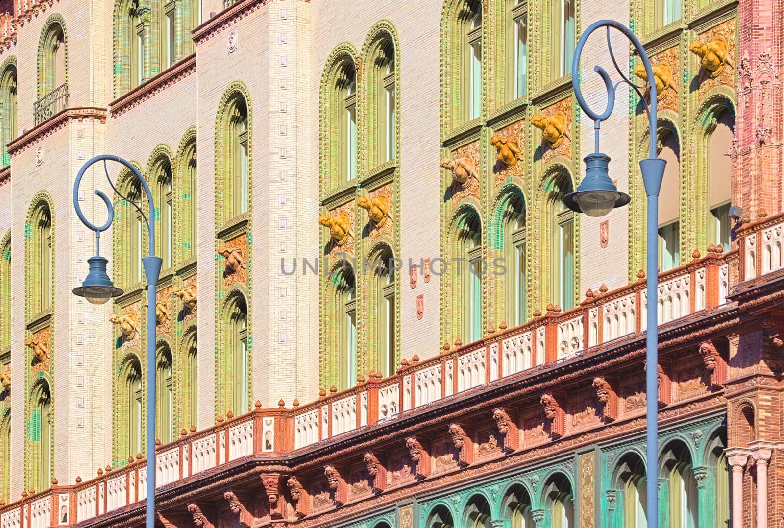 Picturesque facade of a building in Art Nouveau style, Hungarian architecture, Budapest.