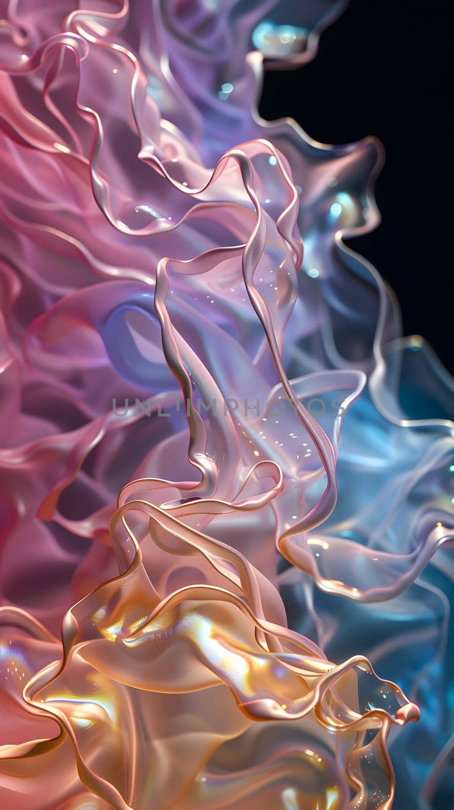 Close up of liquid purple and electric blue CG artwork on black background by Nadtochiy