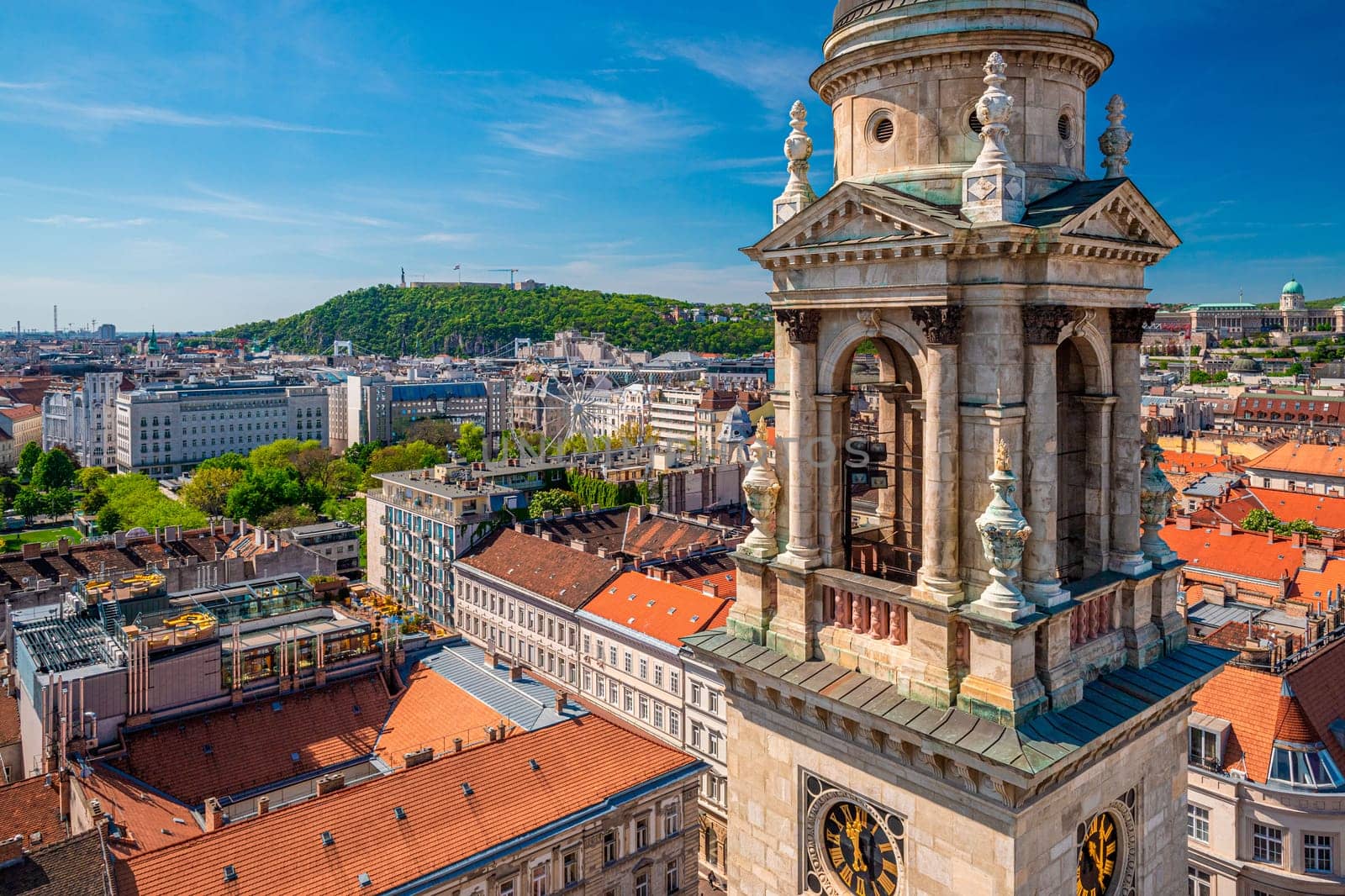 Panoramic view from St. Stephen's Basilica, a Roman Catholic basilica in Budapest, Hungary.