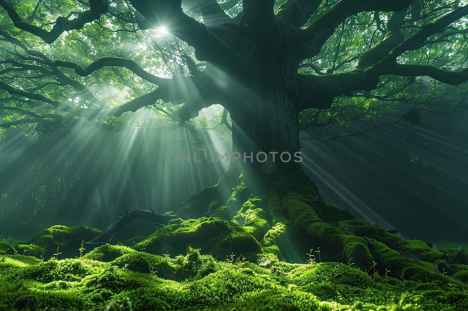 A large beautiful old tree covered with moss in the rays of the sun. Environment conservation concept.