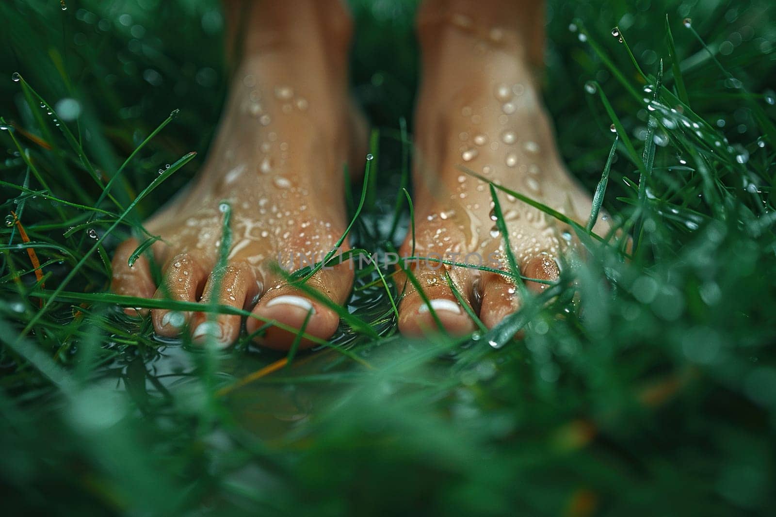 Beautiful female feet on lush grass with dew drops, shot from ground level.