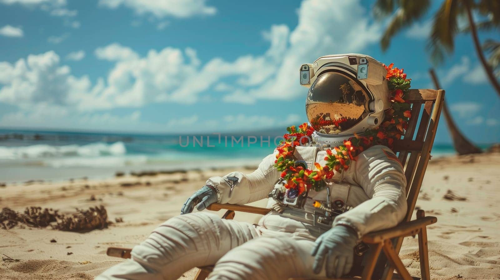 Summer background, An astronaut with hawaiian costume tropical palm and beach background.