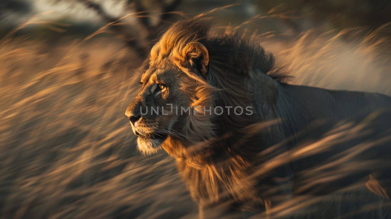 A lion is standing in tall grass, Long exposure blurry shot of a lion, Portrait of lion in motion blur.