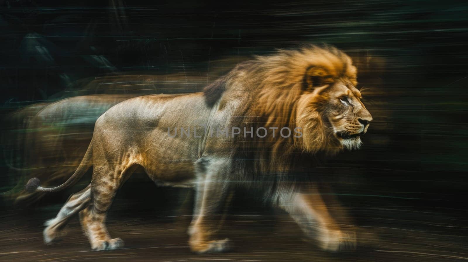 A lion is standing in tall grass, Long exposure blurry shot of a lion, Portrait of lion in motion blur.