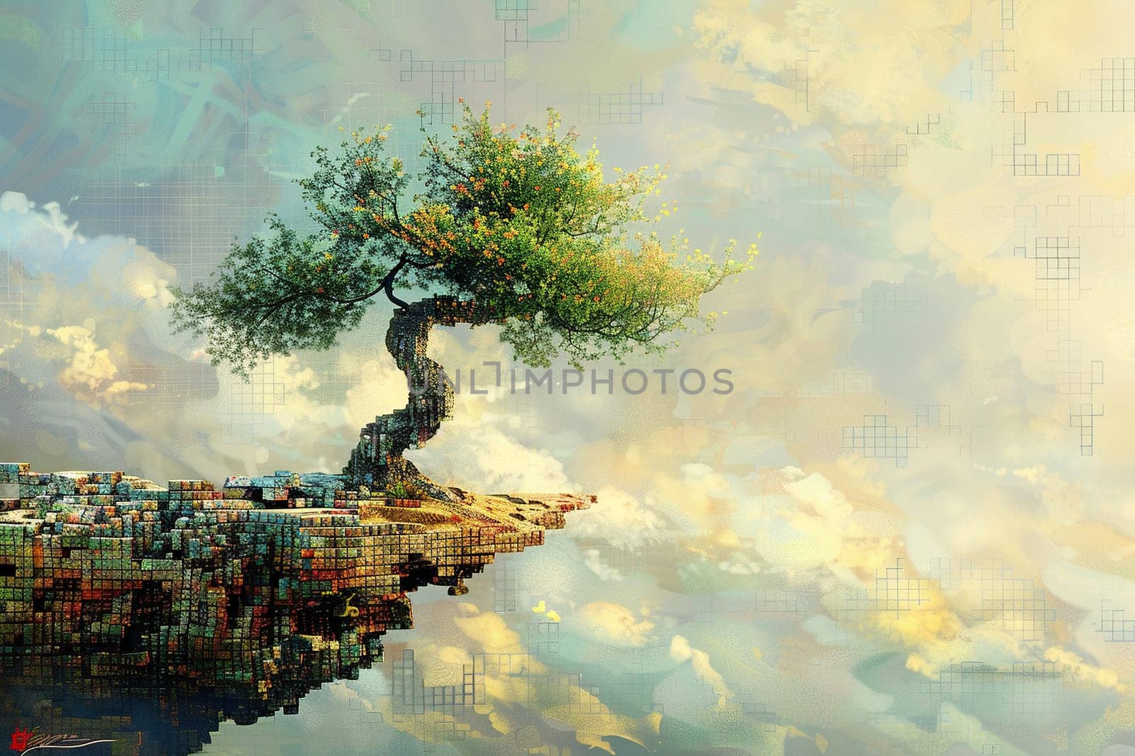 Drawing of a tree in the form of pixels and cubes. An image of a tree on a cliff in the form of pixels.