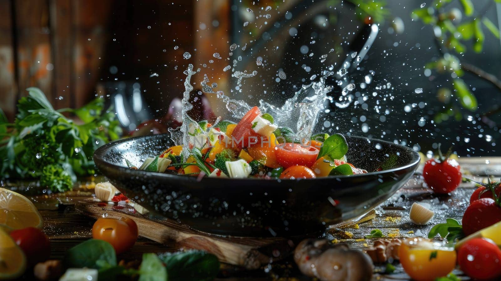 A bowl of salad with a lot of water splashing out of it.
