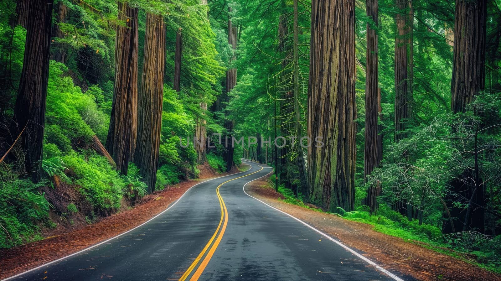 A road surrounded by redwood trees, Calm and serene beauty.