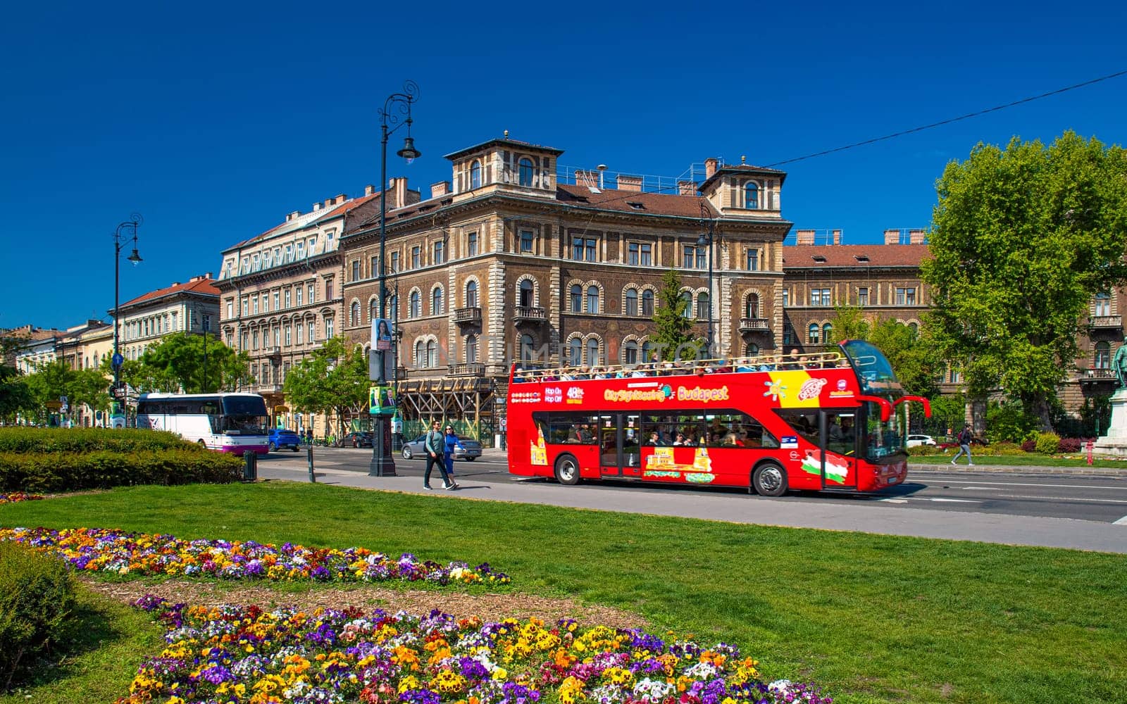 Budapest, Hungary - 27 April 2024: View of Kodaly korond roundabout at the intersection of Andrassy Avenue and Felsoerdosor street, with beautifully painted old buildings.