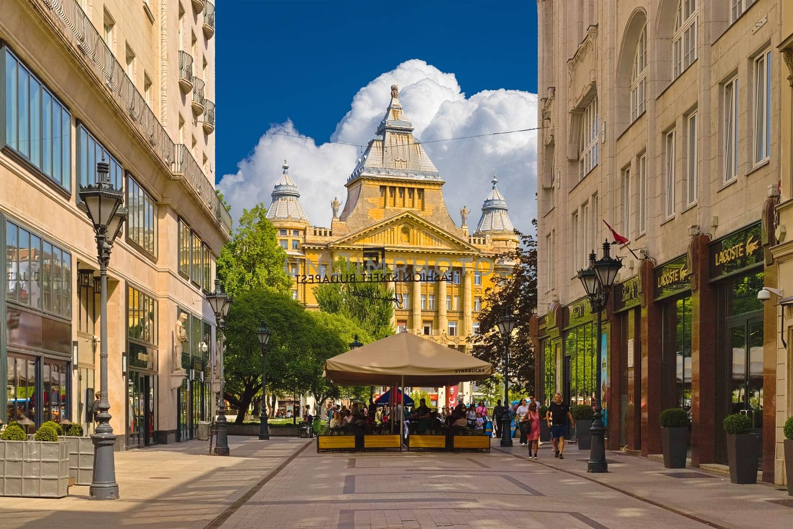Budapest, Hungary - 12 April 2024: View of the Deak Ferenc Street and the Anker Palace in the central part of the city.