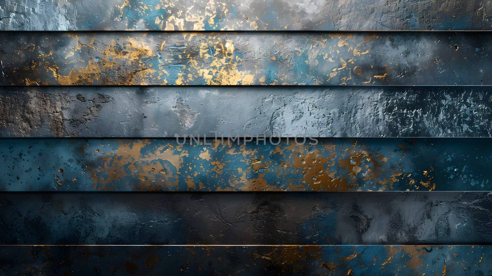 A closeup of a wooden rectangular wall with electric blue and gold stripes, creating a stylish pattern with tints and shades