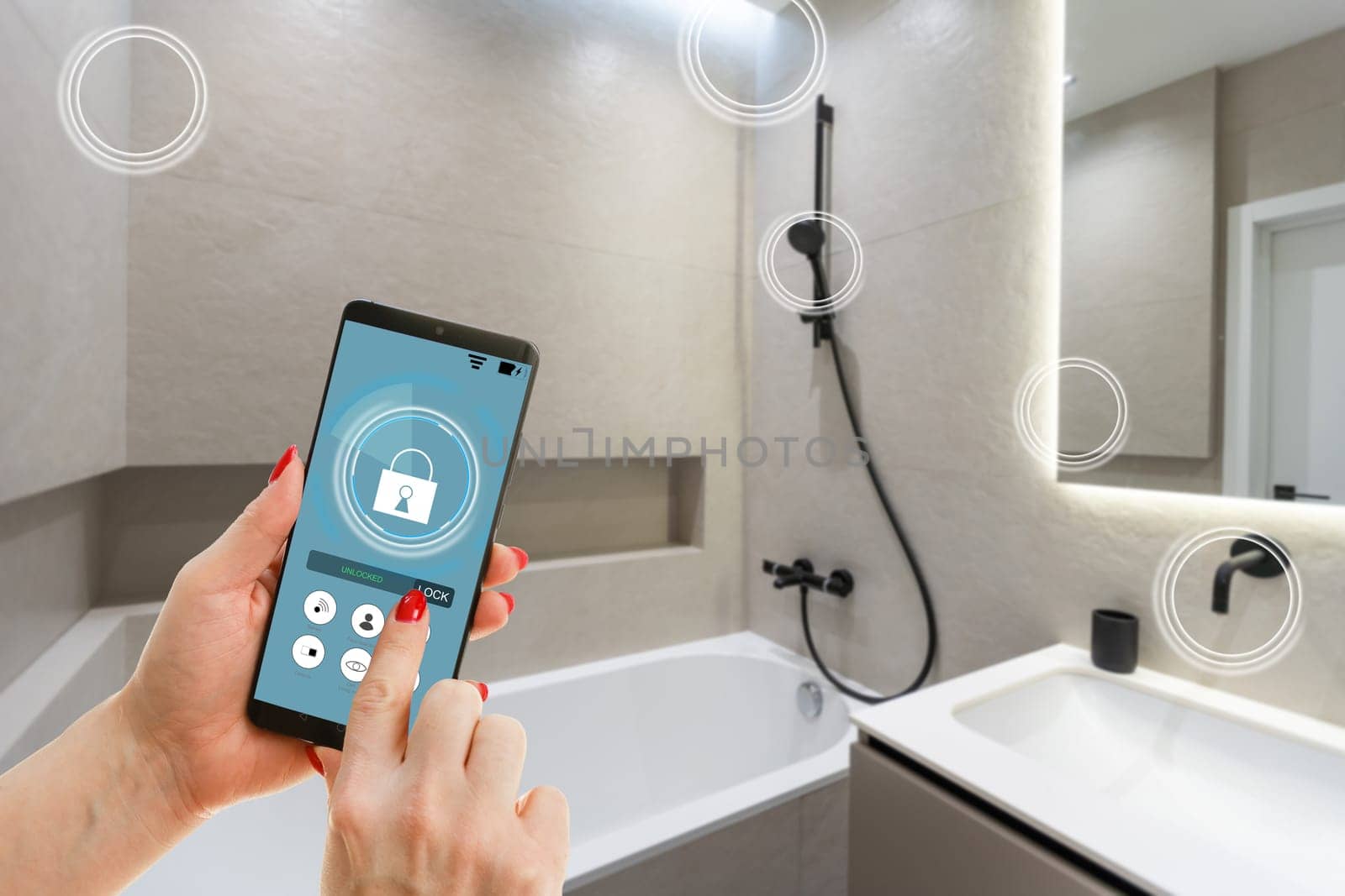 smart house, home automation, device with app icons. woman uses his smartphone with smarthome security app to unlock the door of his house. by Andelov13