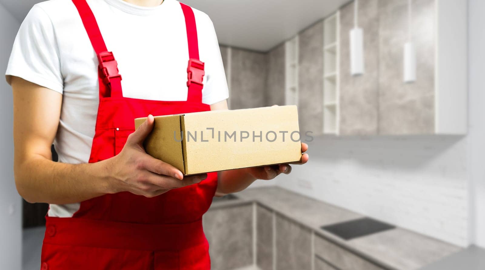 Delivery man with boxes, shopping.