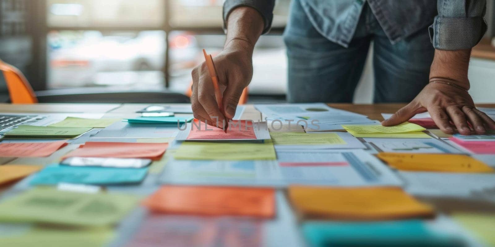 Close up of male hands organizing with colorful sticky notes for priorities and reminders.