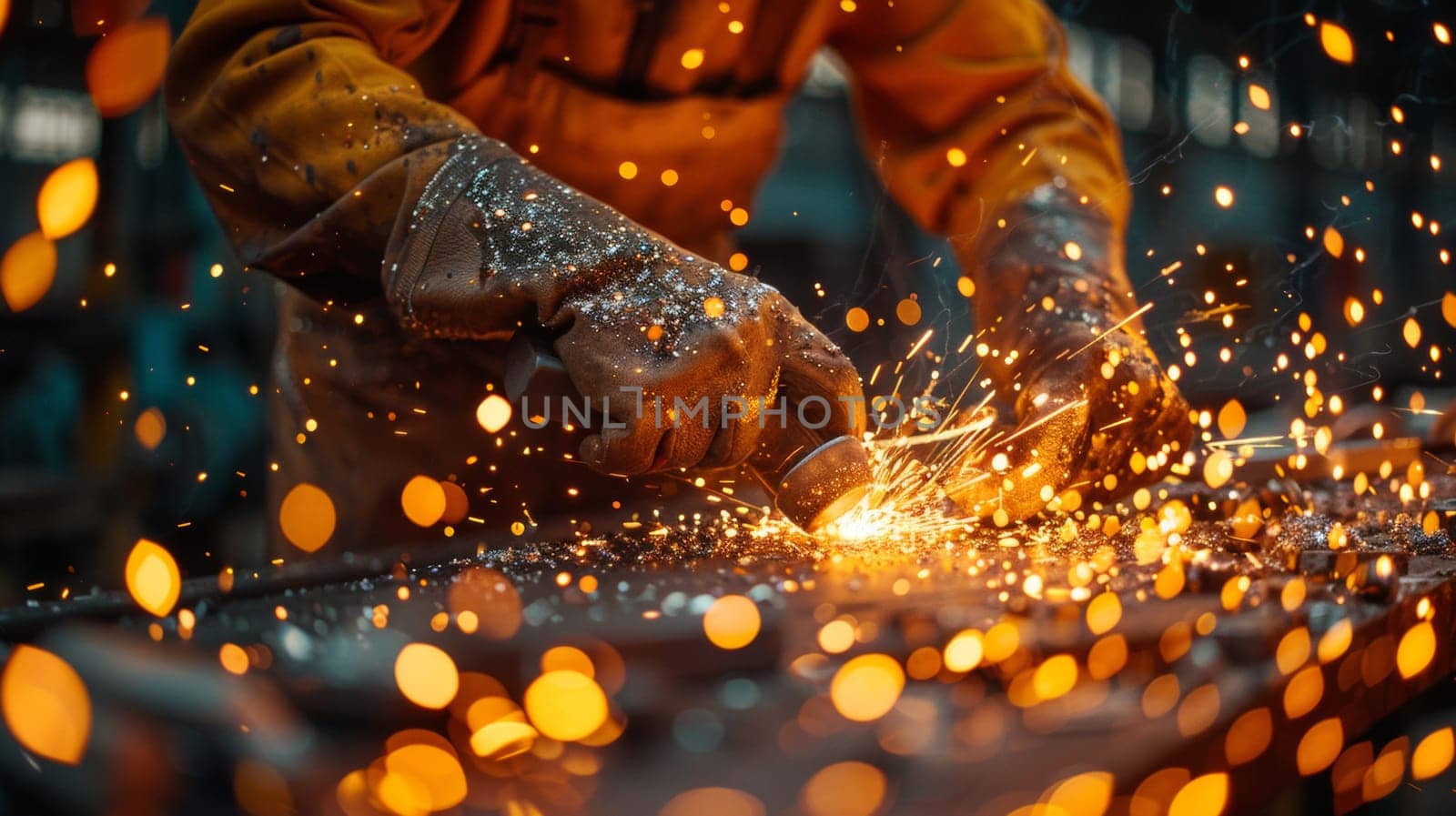 Close up of metalworker forging custom pieces in a warehouse causing sparks by papatonic
