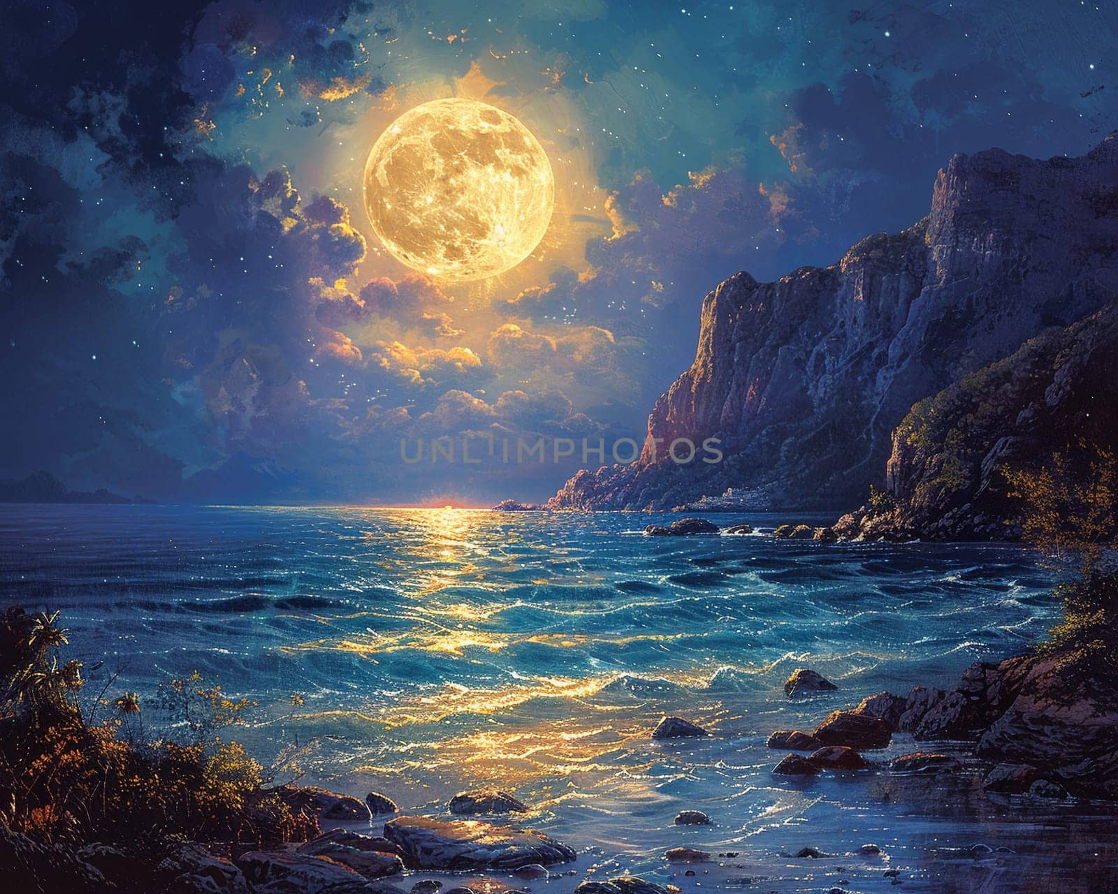 A full moon rising over a tranquil sea, evoking mystery and the beauty of the night.