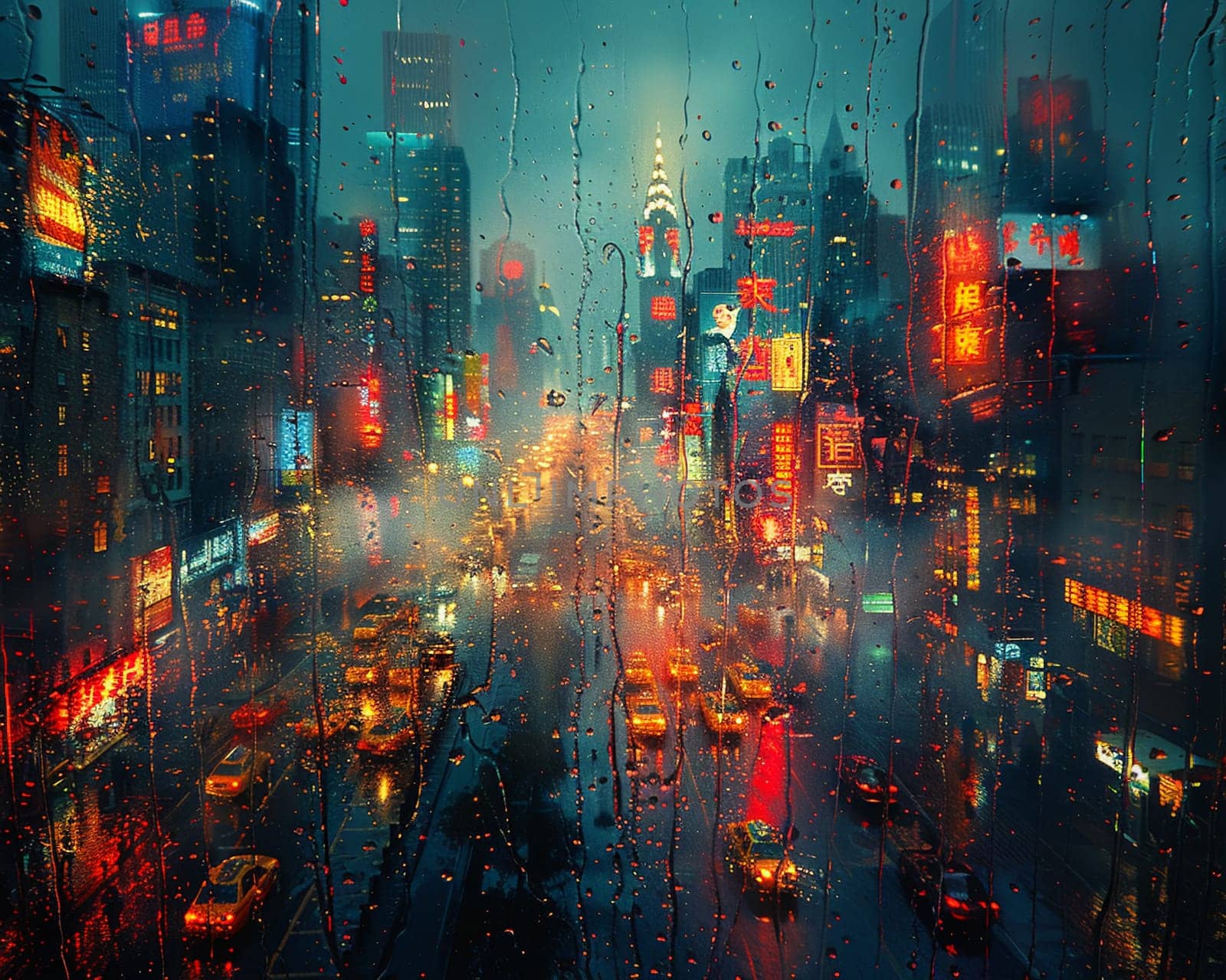 A cityscape seen through a rain-soaked window, creating a dreamy and abstract view.