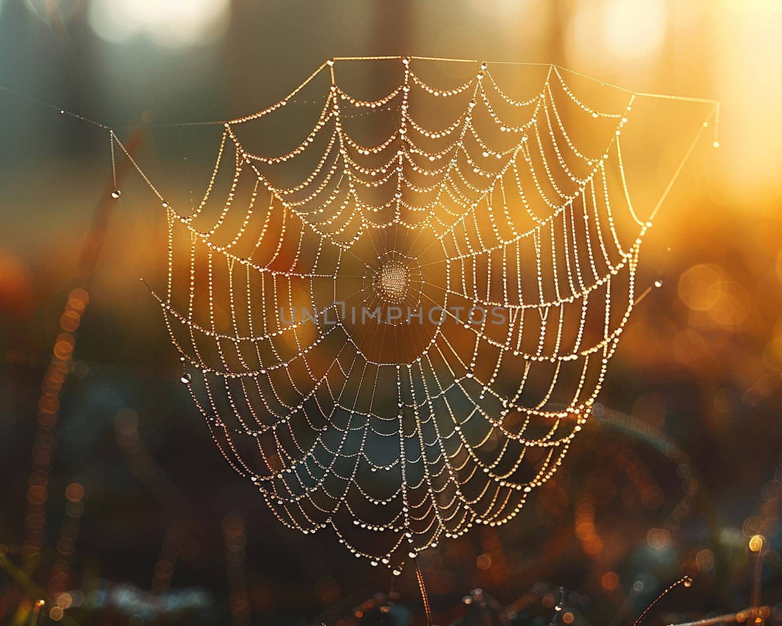 A dew-covered spider web in the early morning light, symbolizing the interconnectedness of life.