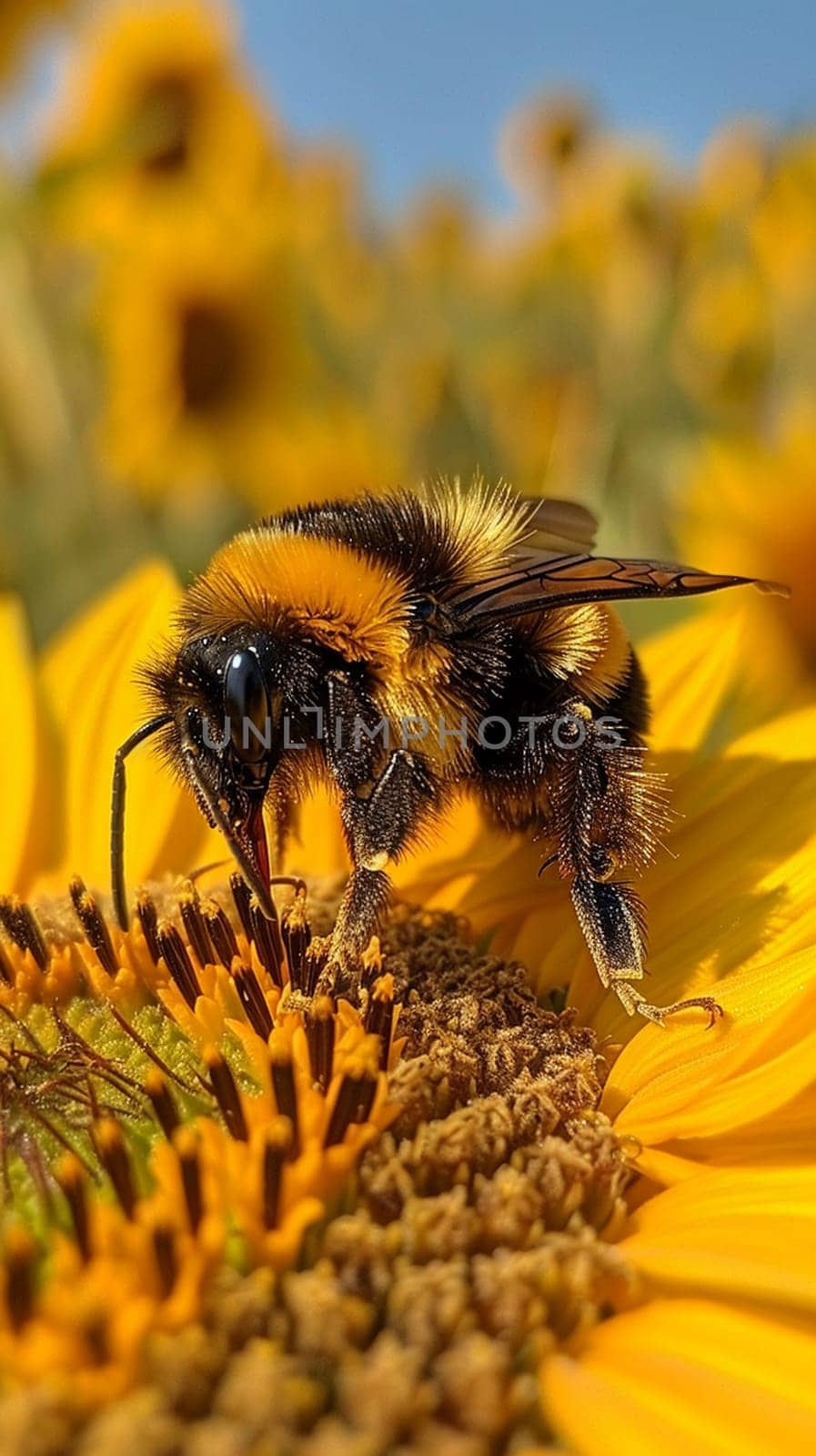 Close-up of a bee on a sunflower, representing nature, pollination, and summer themes.