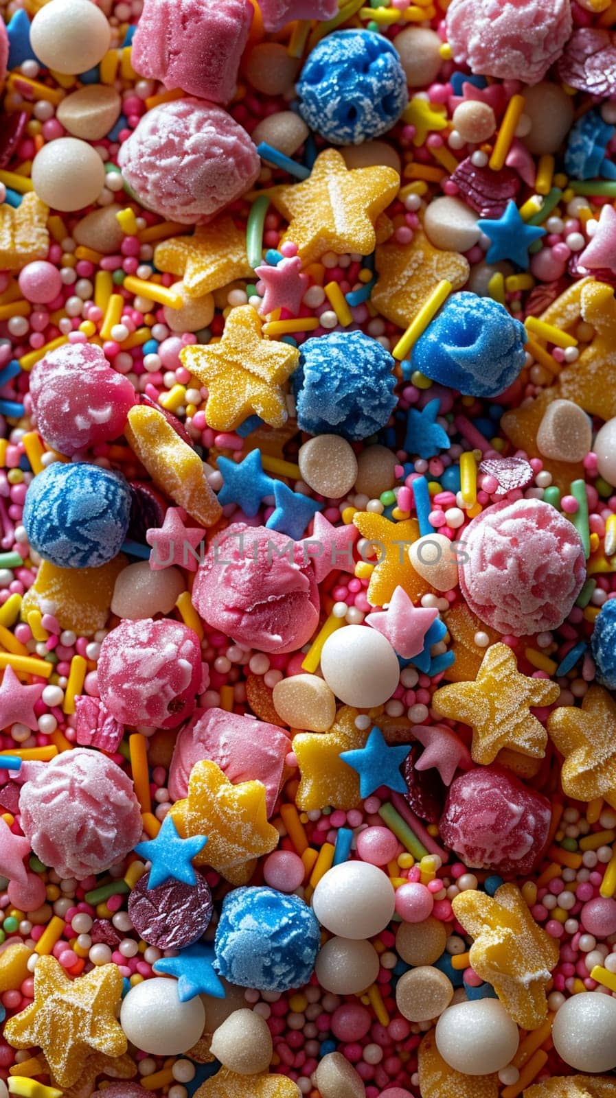 Macro shot of colorful sprinkles on a white background, creating a playful and vibrant texture.