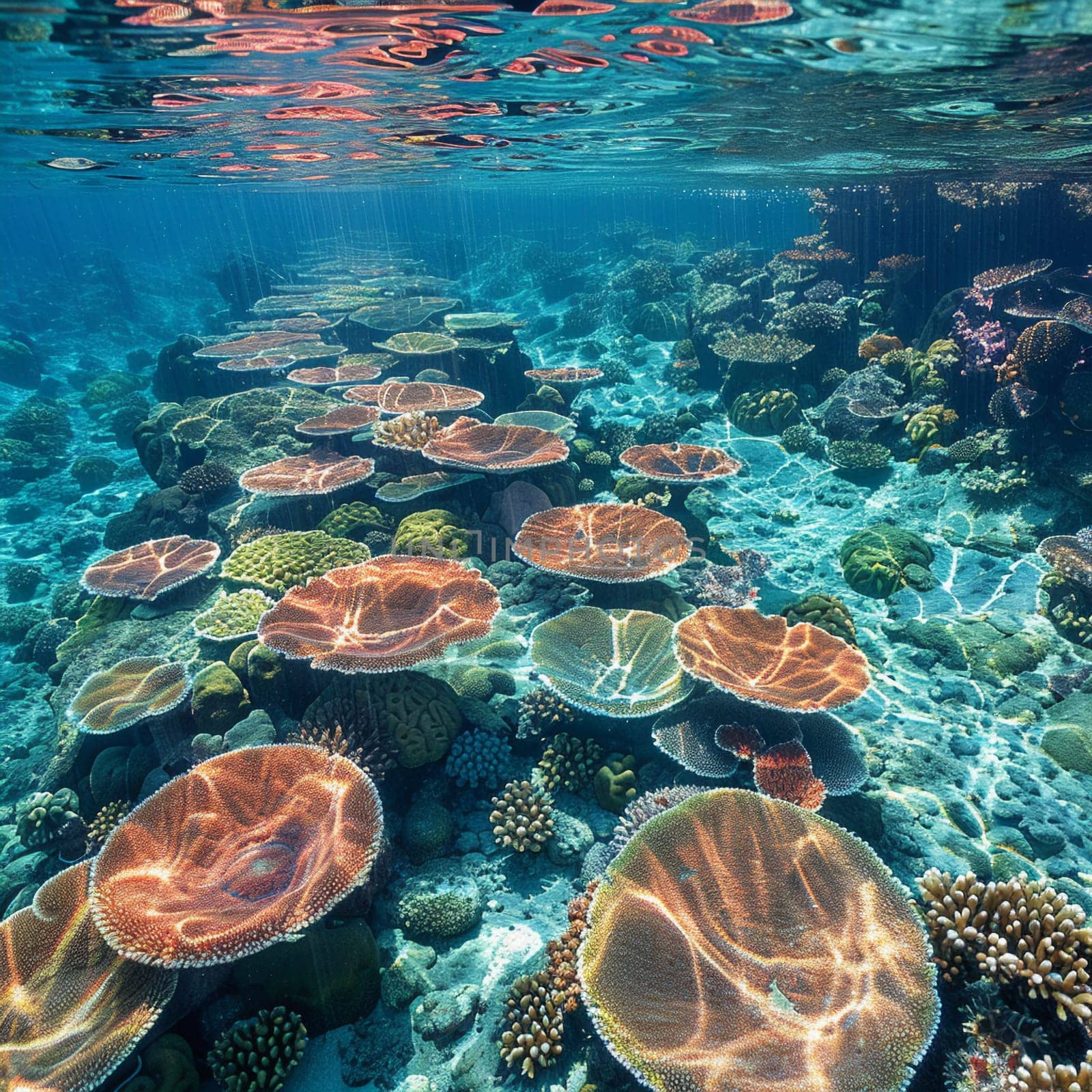 Shallow coral reef with clear water above, capturing tropical marine ecosystems.