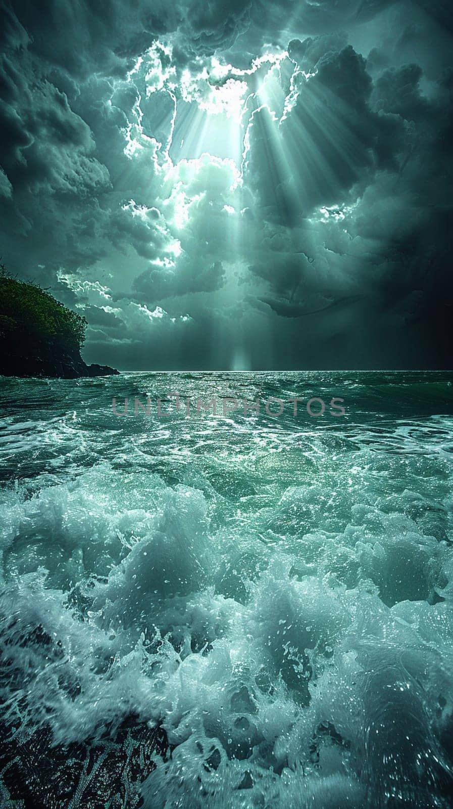 Sunbeams through heavy rain clouds, capturing hope and dramatic weather themes.