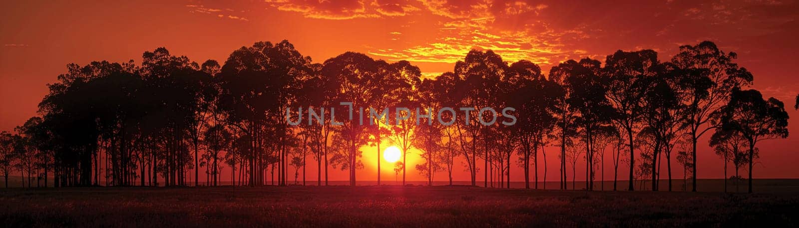 The fiery glow of a sunset behind a silhouette of trees, capturing the end of a day.