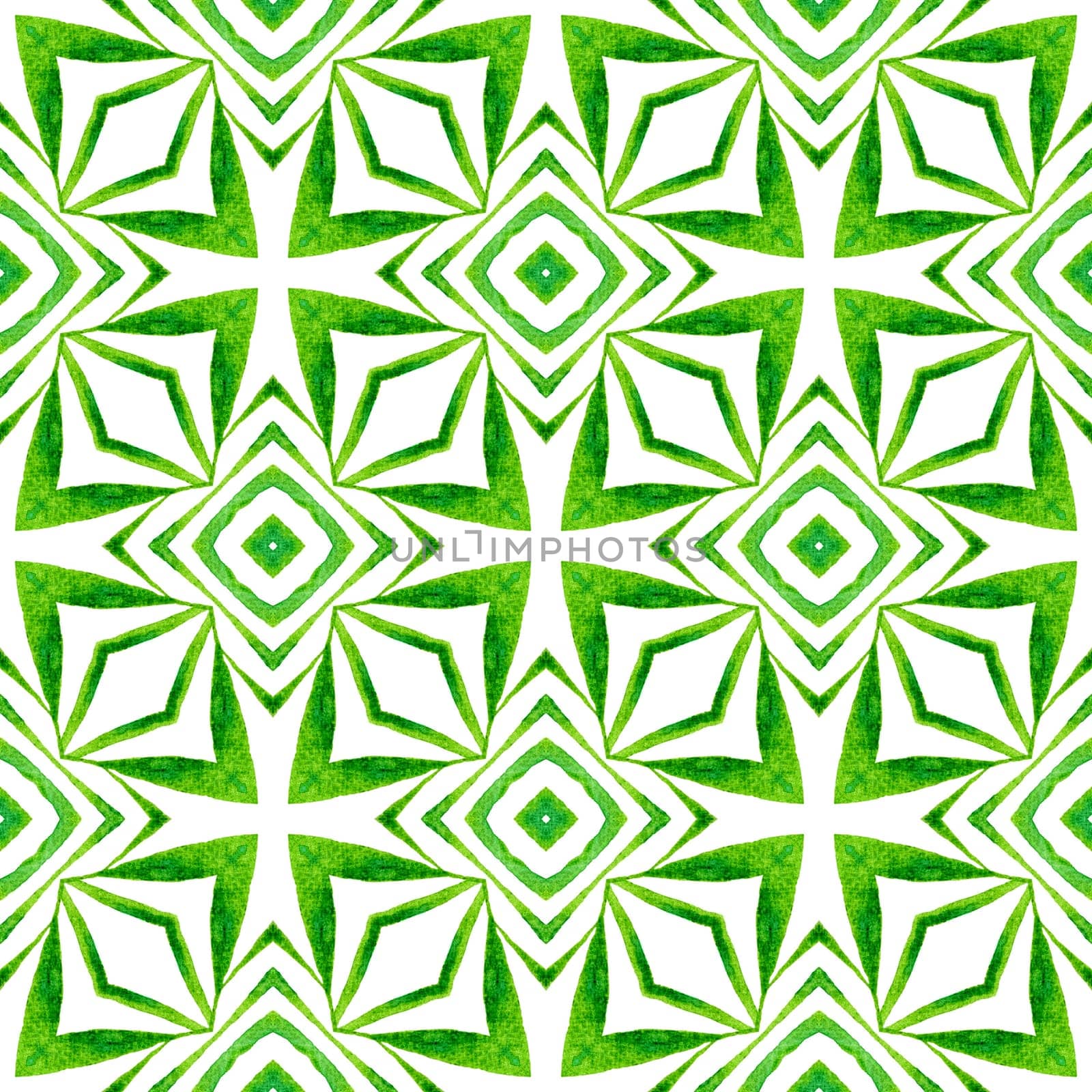 Watercolor ikat repeating tile border. Green delightful boho chic summer design. Textile ready bizarre print, swimwear fabric, wallpaper, wrapping. Ikat repeating swimwear design.