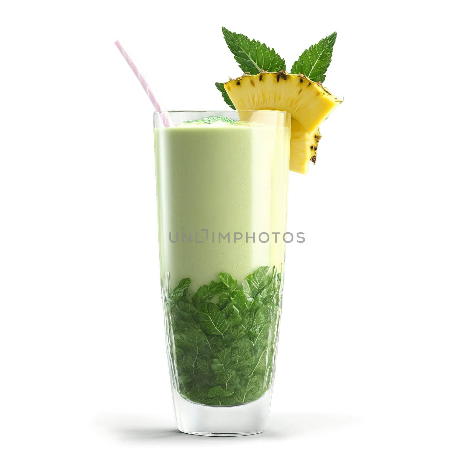 Breakfast smoothie with a blend of kale pineapple banana and coconut water garnished with a. close-up food, isolated on transparent background