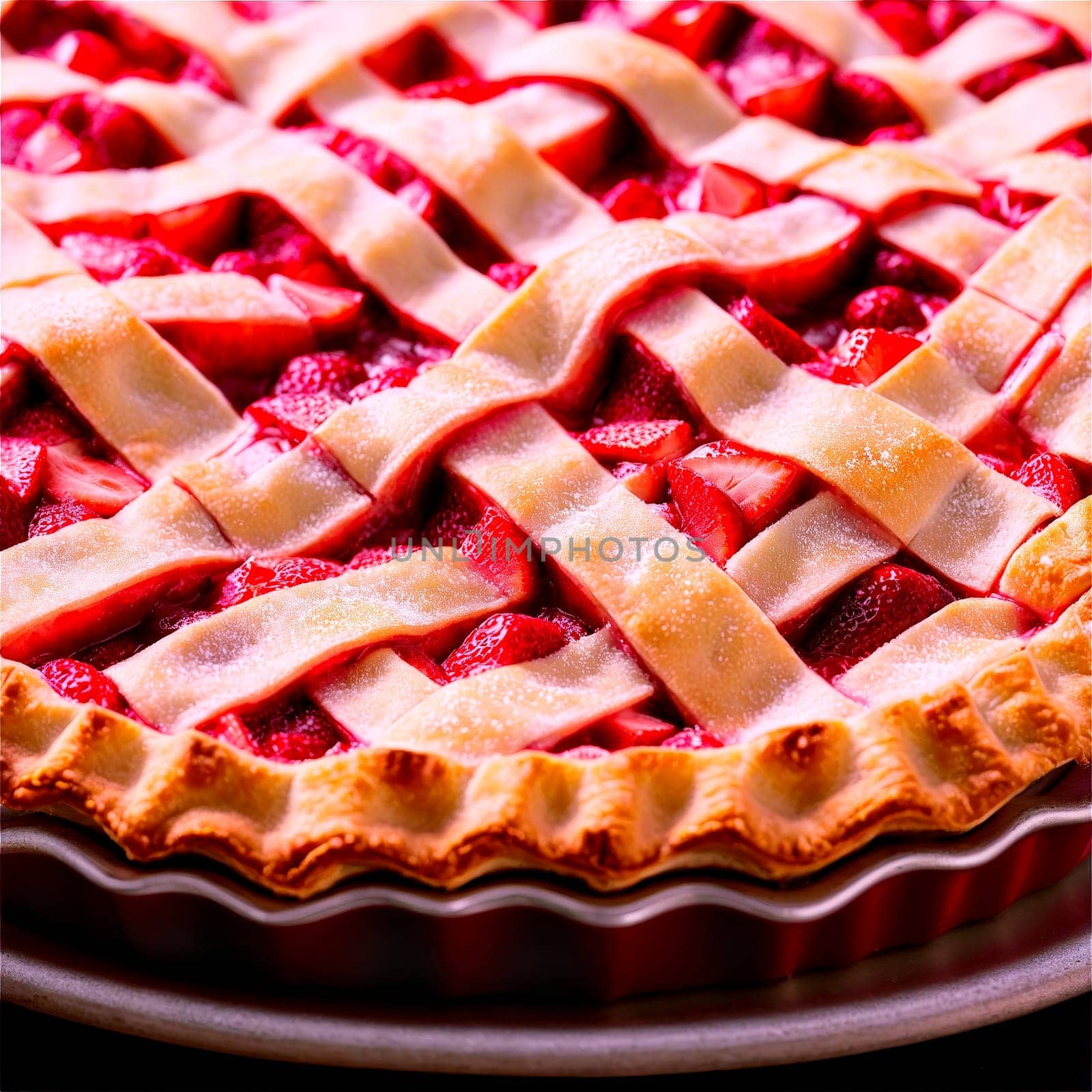 Strawberry rhubarb pie slice with lattice top crust vibrant red filling flaky pastry dusted with. close-up cake, isolated on transparent background