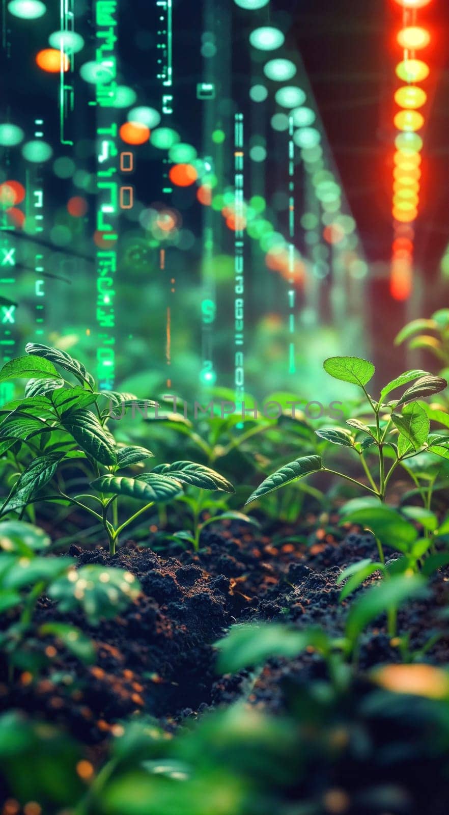 A green plant grows in the middle of a field, surrounded by data visualizations and numbers, symbolizing a technological moment for agriculture.