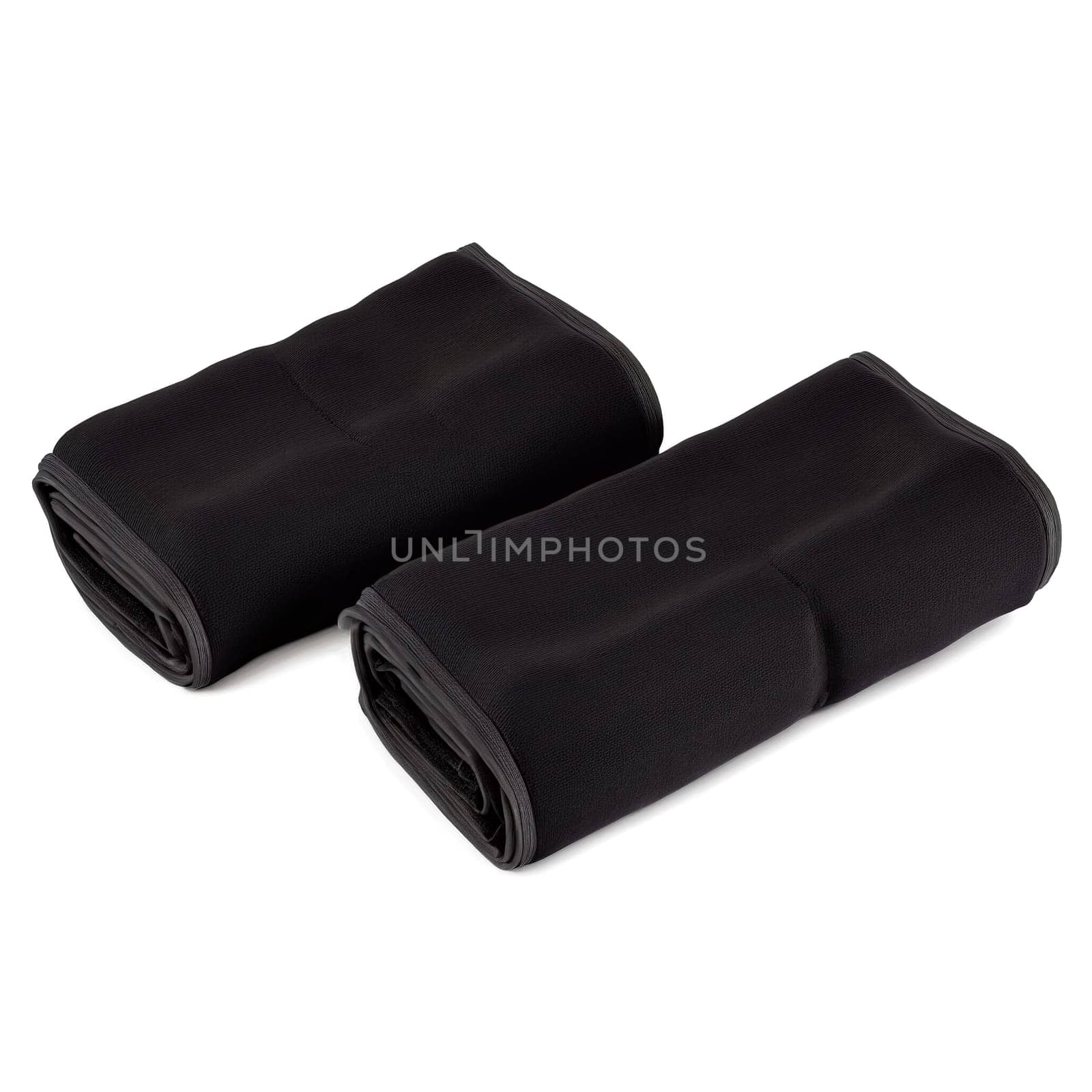 Ankle Weights pair of black neoprene ankle weights with adjustable velcro straps lying flat.