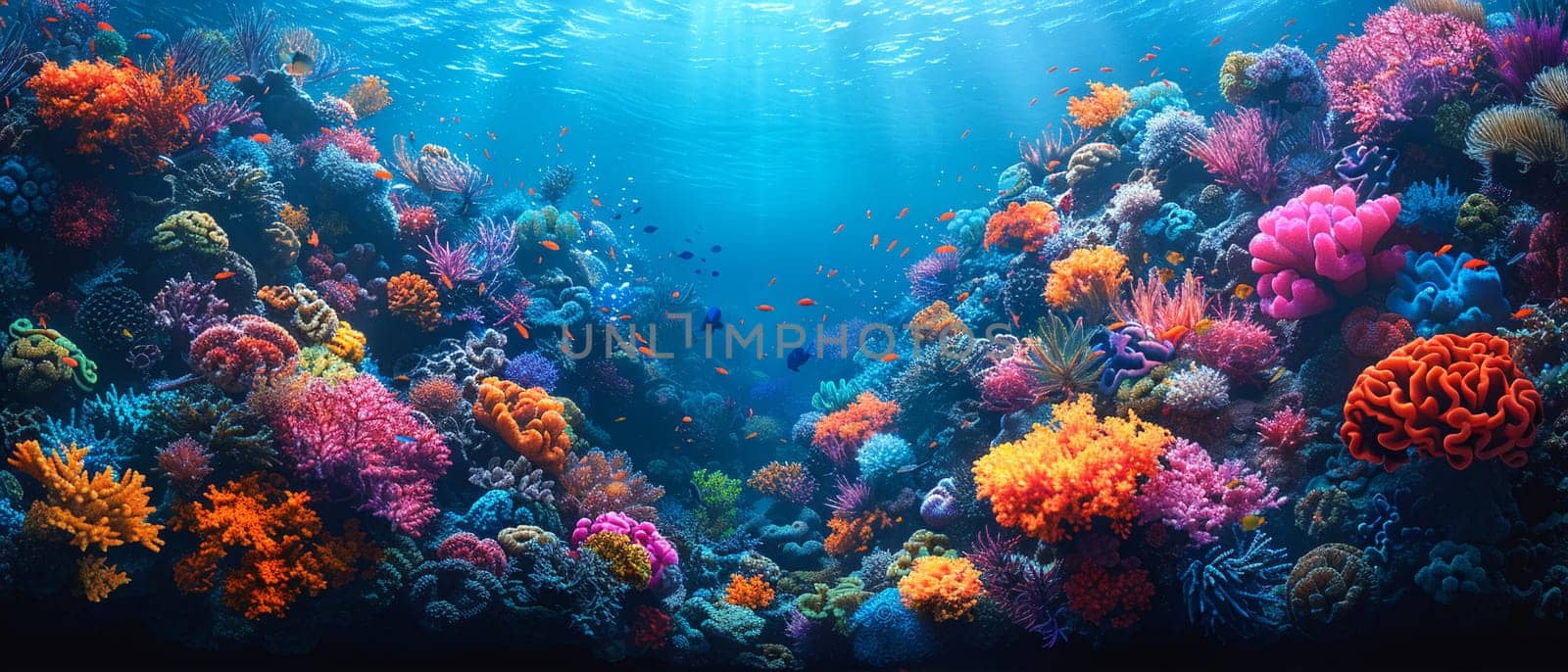 A vibrant coral reef teeming with marine life, highlighting biodiversity.