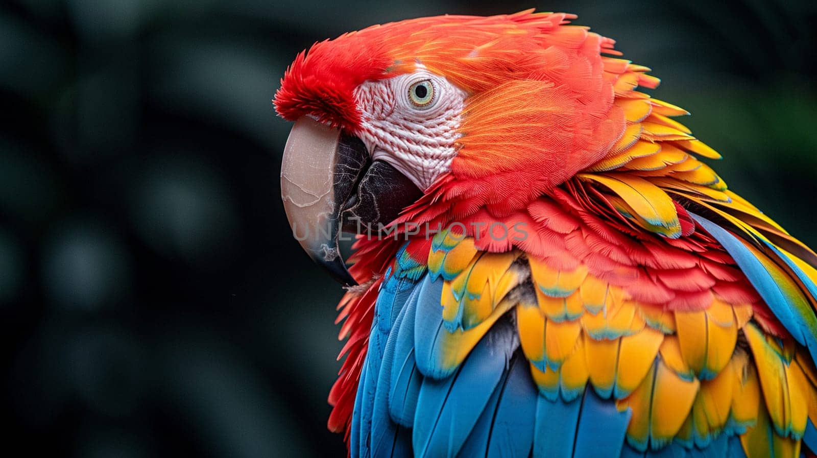 Close-up of a colorful parrot's feathers, great for vibrant and exotic projects.