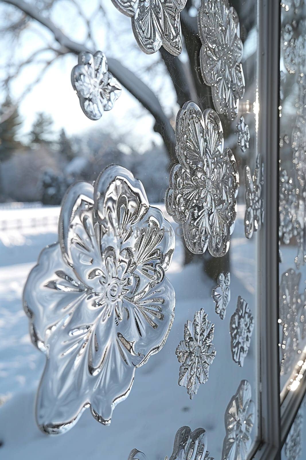 Close-up of intricate ice patterns on a window, illustrating winter's artistry.