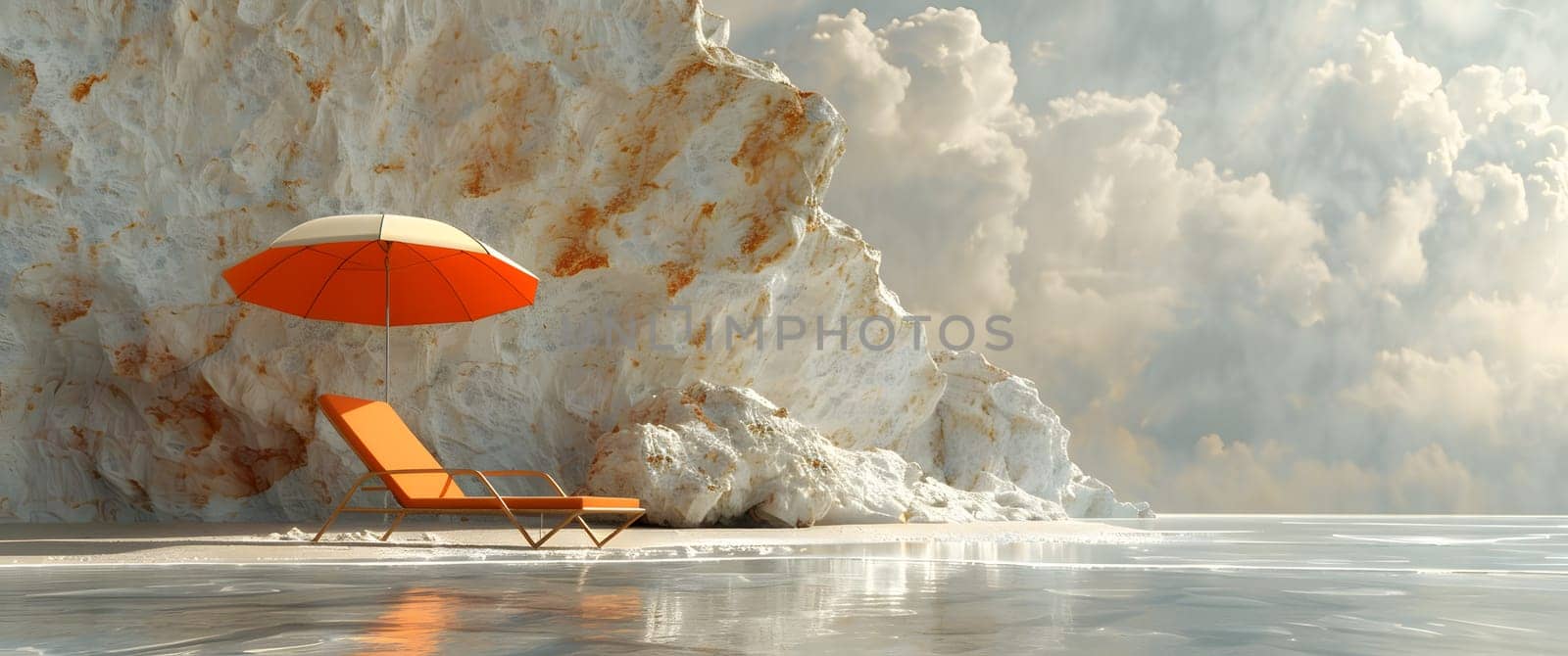 The beach is set with an umbrella and a chair, overlooking the sparkling water and clear sky. A perfect spot for a relaxing vacation